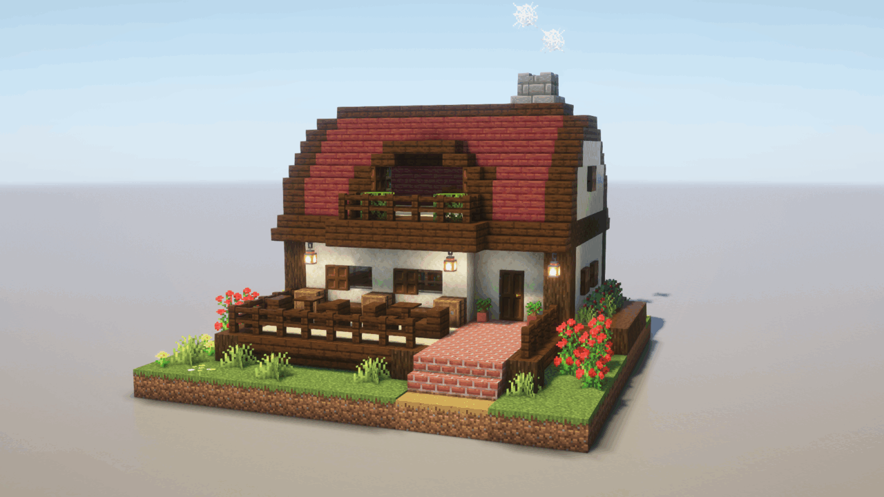 マイクラ建築：赤い屋根の洋風の家。簡単16×16。