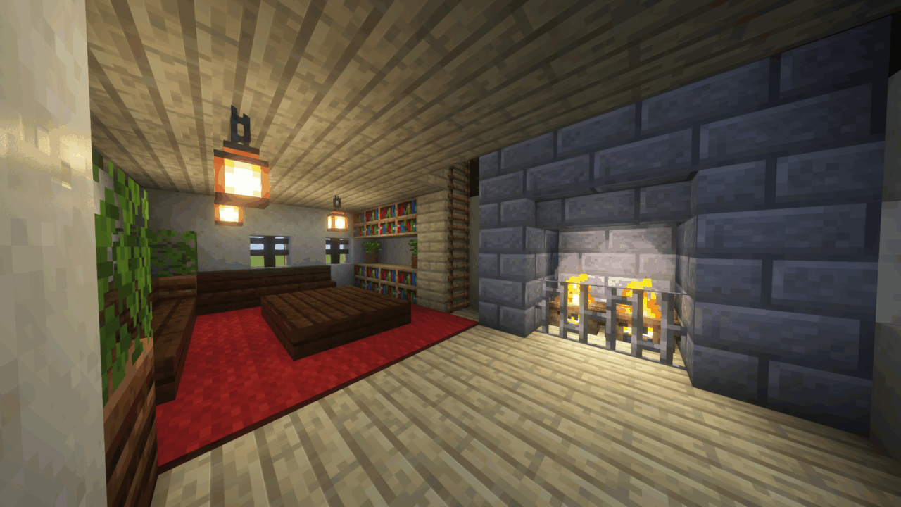 内装1階。暖炉とリビングスペース。