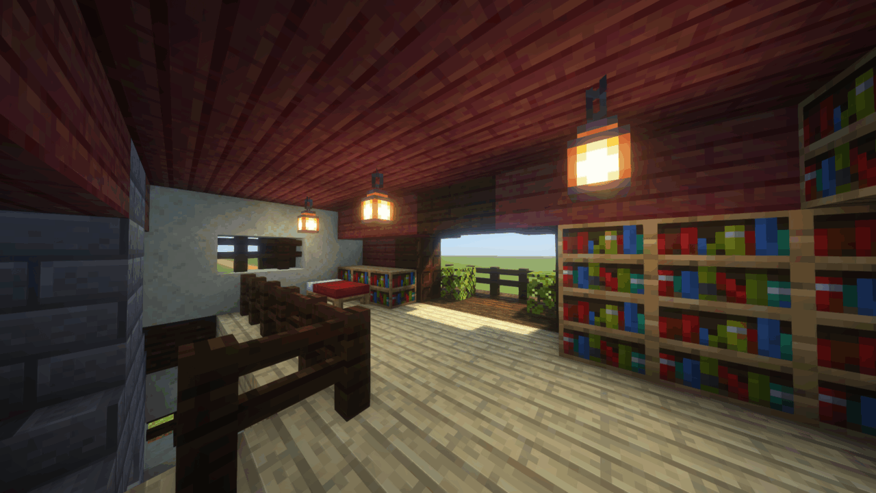 内装2階。本棚のあるベッドルーム。