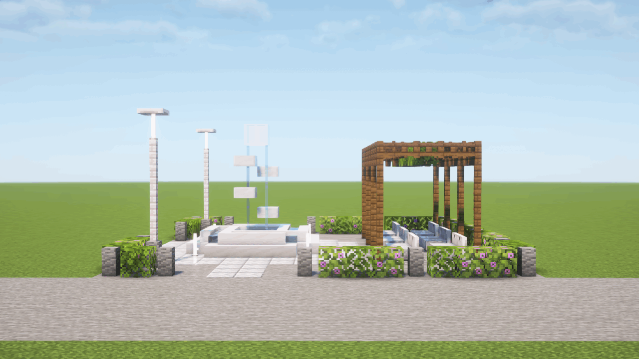 噴水のあるモダンな公園。正面から