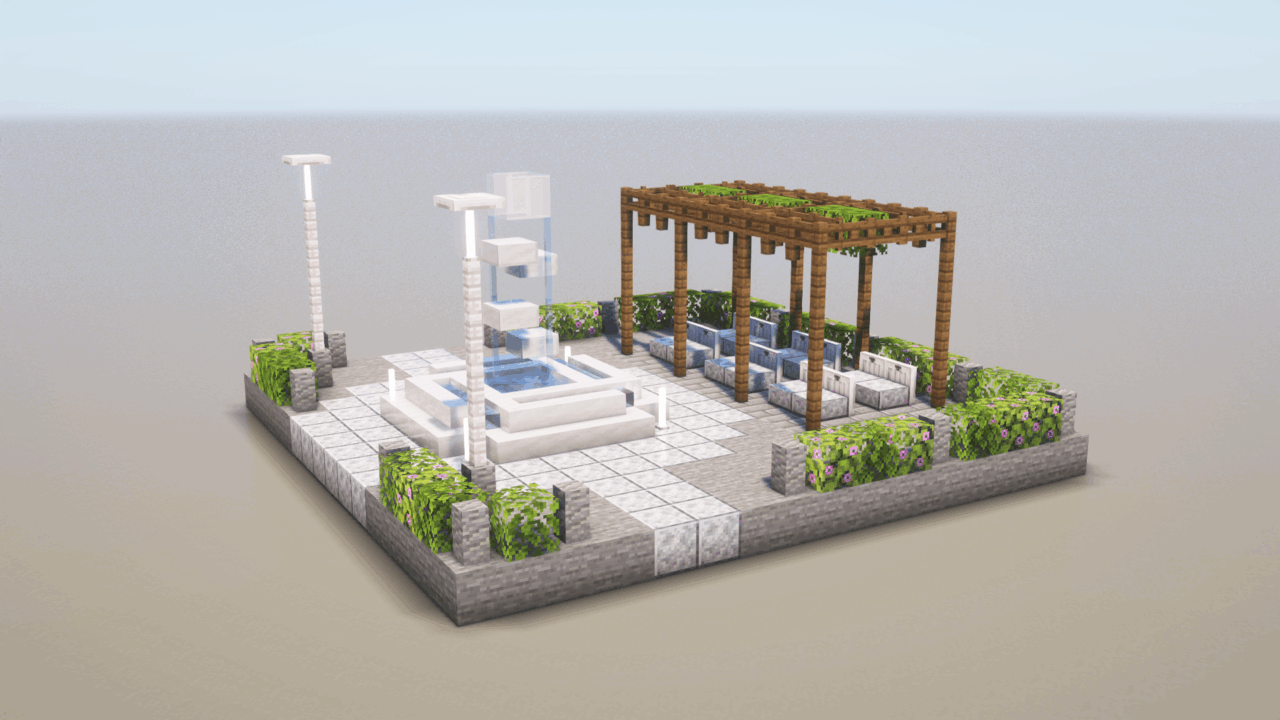 マイクラ建築：噴水のあるモダンな公園。簡単16×16。