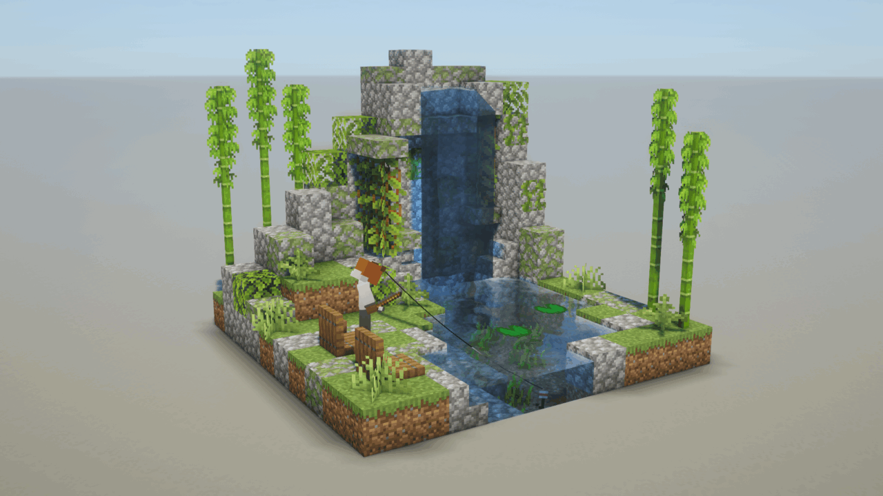 マイクラ和風建築：滝のある釣り堀。簡単10×10。
