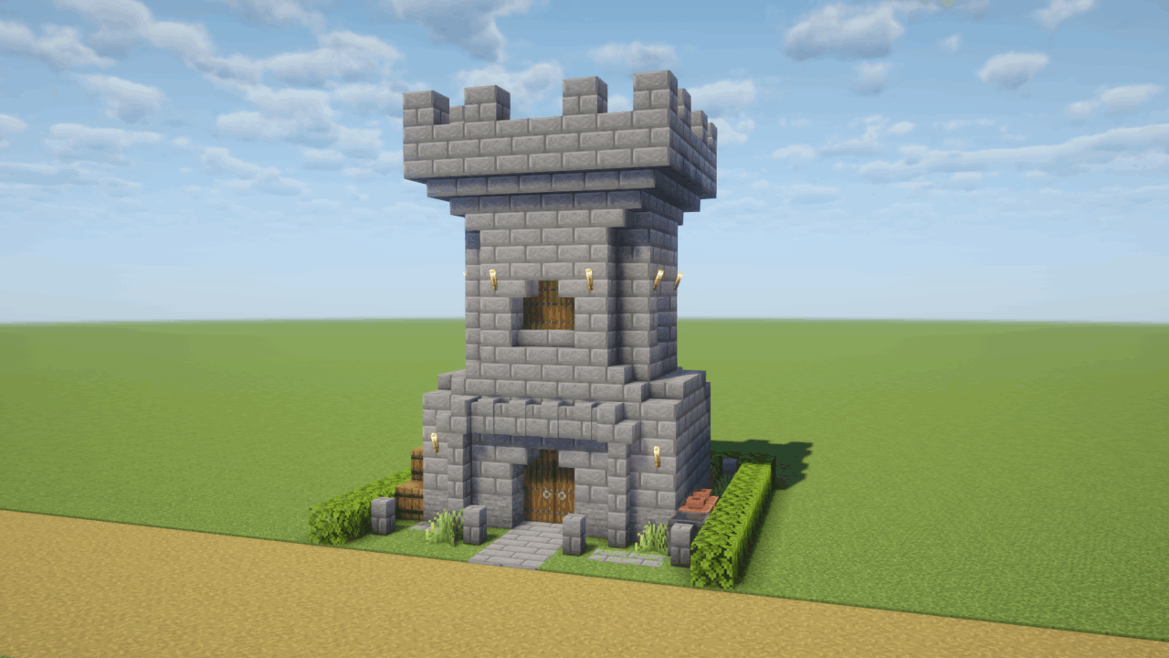 マイクラ建築：石レンガで作る櫓のある砦。簡単10×10。