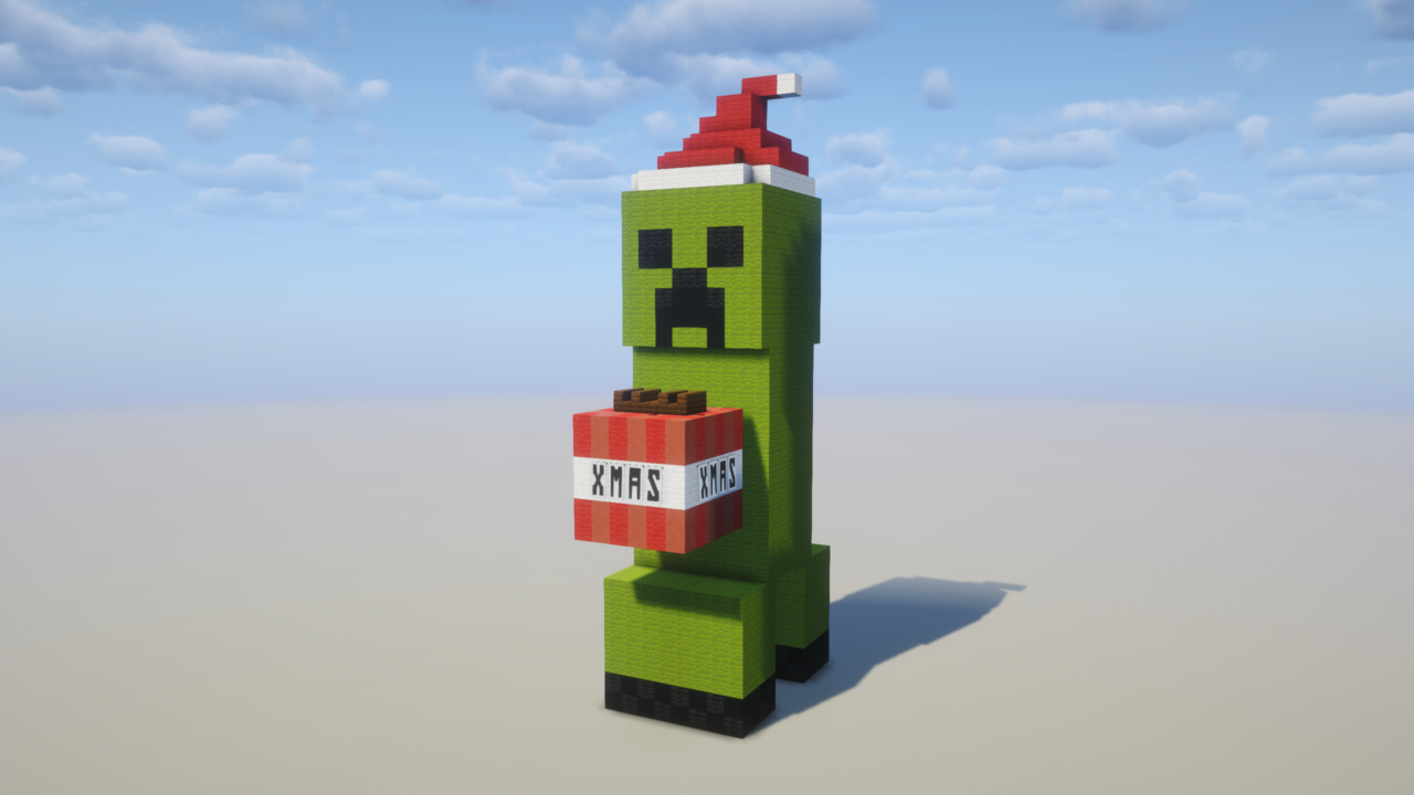 マイクラ建築：クリーパー。プレゼントとサンタ帽付き。