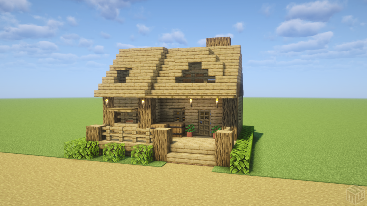 マイクラ建築：木だけで作る簡単でおしゃれな仮拠点用の家。簡単10×10。