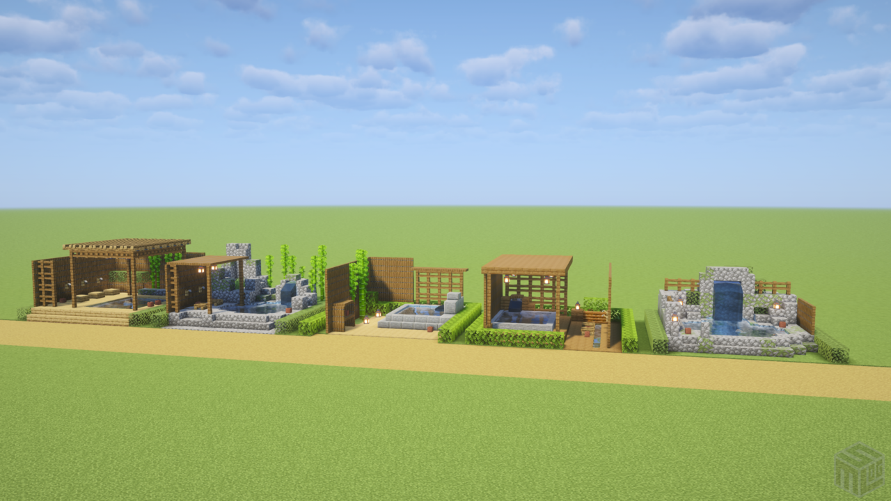 過去に作ったマイクラの温泉。左からNo.72、No.124、No.194、No.219、No.253