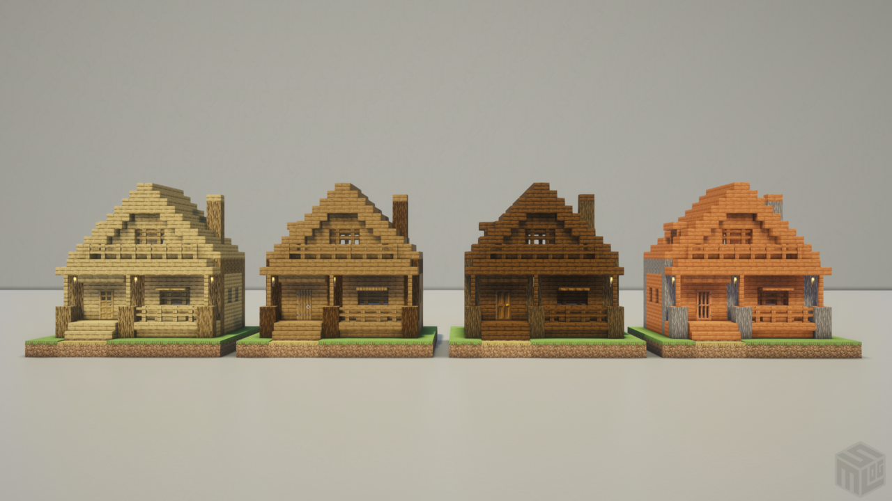 ログハウスのカラーバリエーション。左からオーク、トウヒ、ダークオーク、アカシア