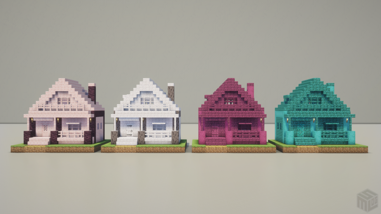 ログハウスのカラーバリエーション。左からサクラ、ペールオーク、深紅の、歪んだ