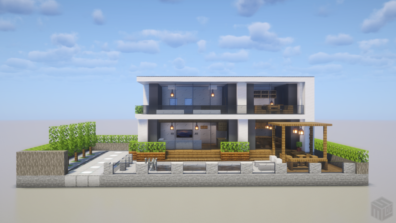 プール付きのモダンな豪邸。正面から