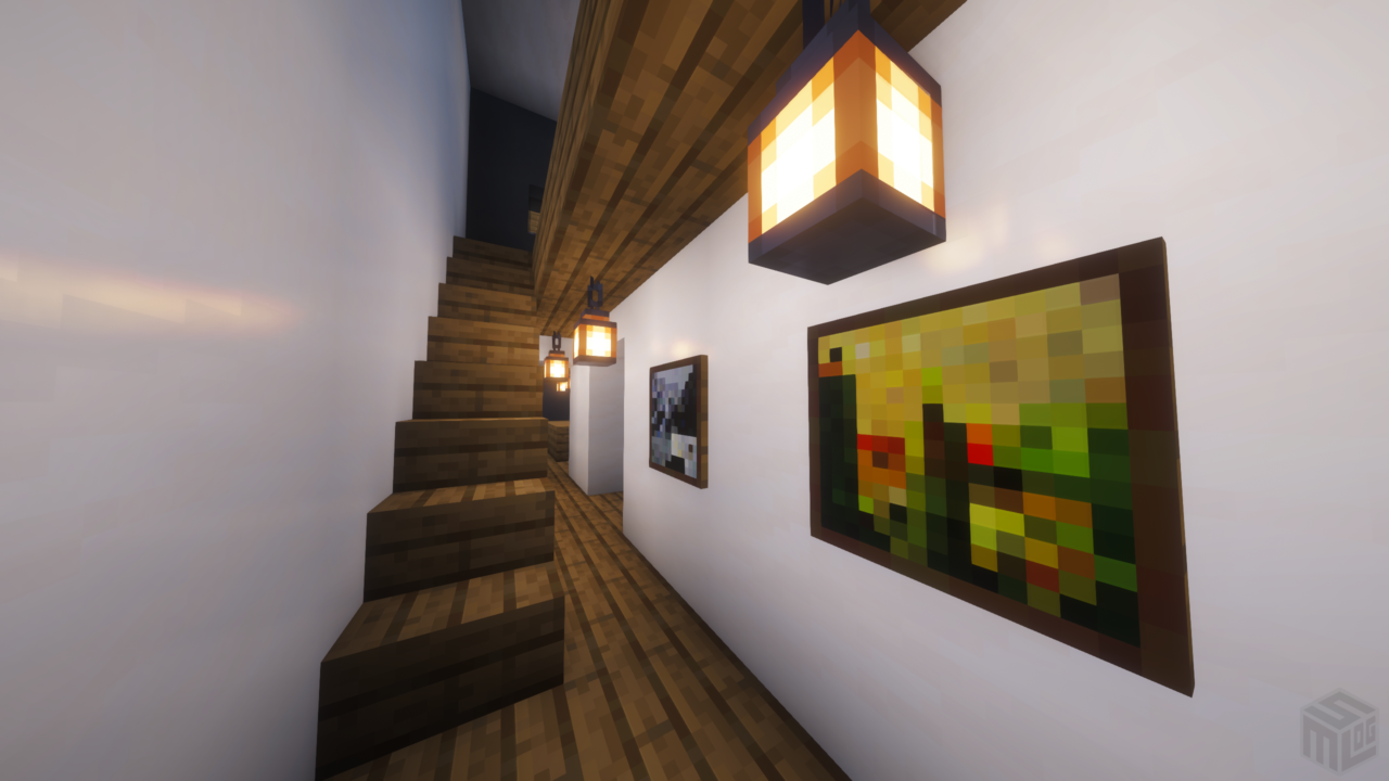 内装。絵画のある廊下