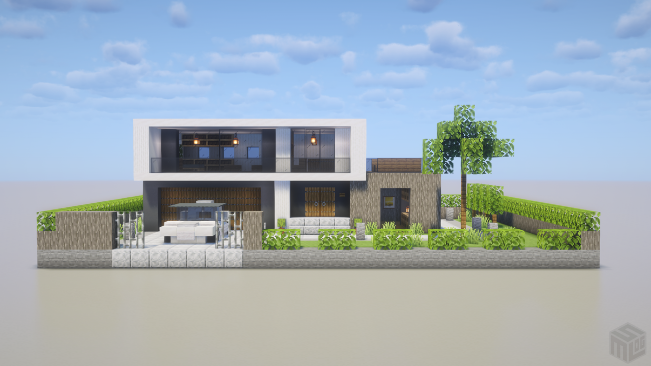 大型ガレージ付きのおしゃれでモダンな家。正面から