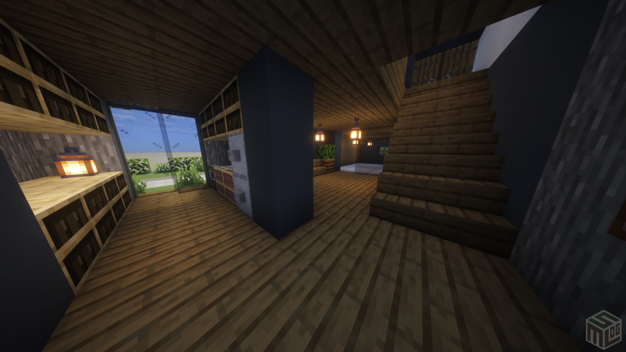 内装1階。ガレージが見えるダイニングキッチン。