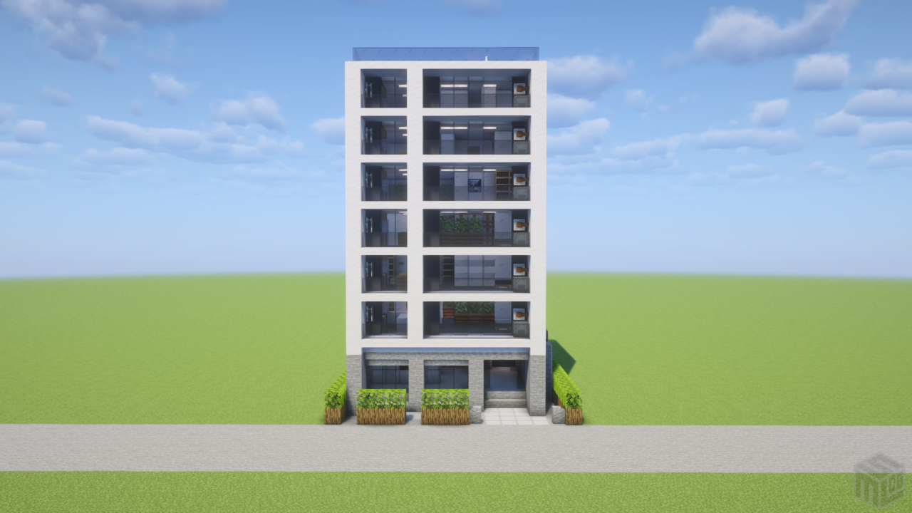 モダンな7階建てマンション。正面から