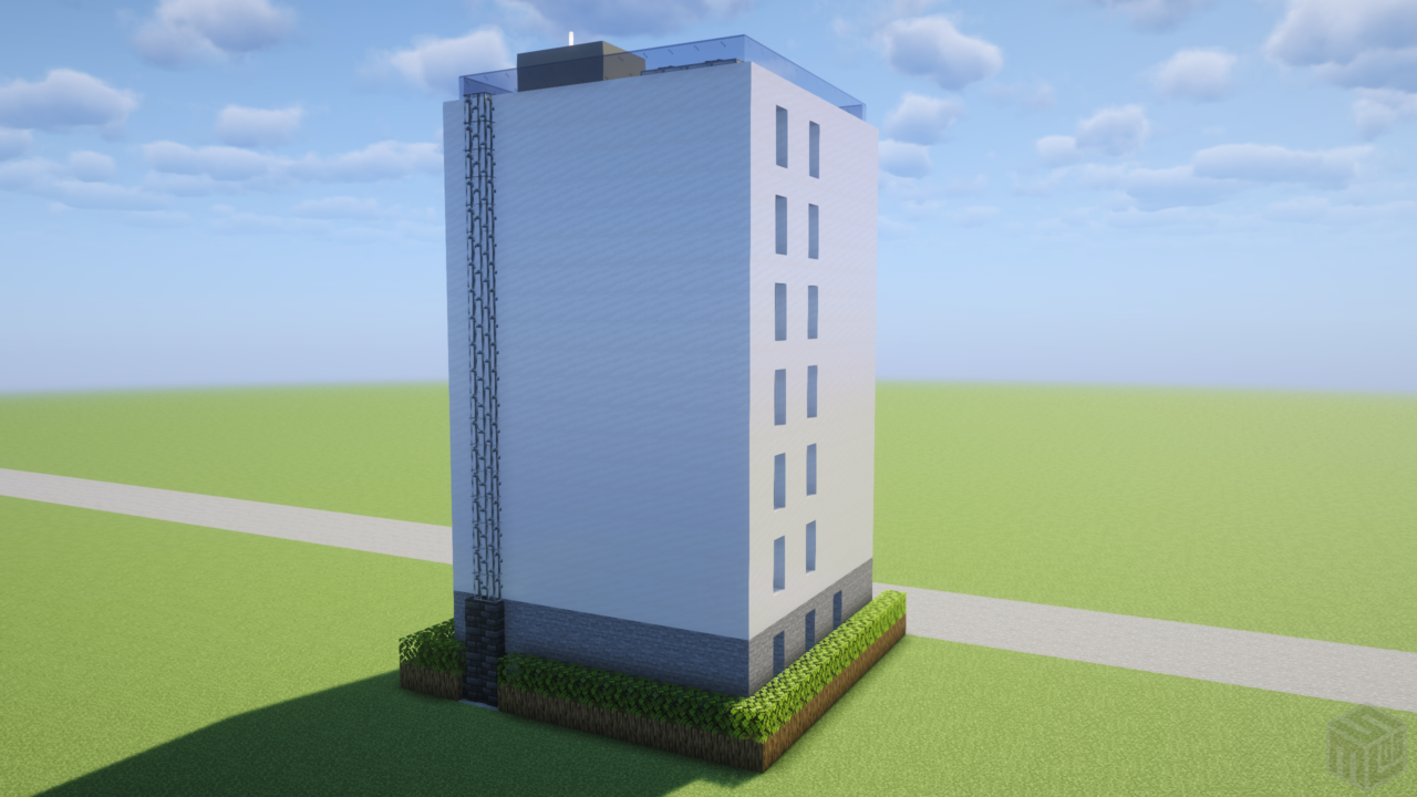 モダンな7階建てマンション。背面から