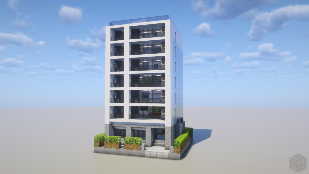 マイクラ建築：モダンな7階建てマンション。簡単16×16。